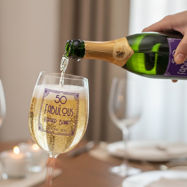 Modern Art Deco 50 and Fabulous Birthday Stemless Wine Glass (Creator Uploaded)