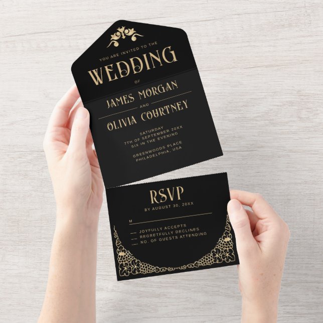 Modern Art Deco Black and Gold Faux Wedding  All In One Invitation (Tearaway)
