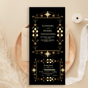Modern Art Deco Black and Gold Wedding All In One Invitation