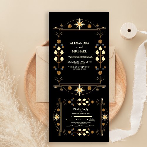 Modern Art Deco Black and Gold Wedding All In One Invitation