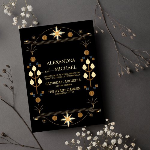 Modern Art Deco Black and Gold Wedding Foil Invitation