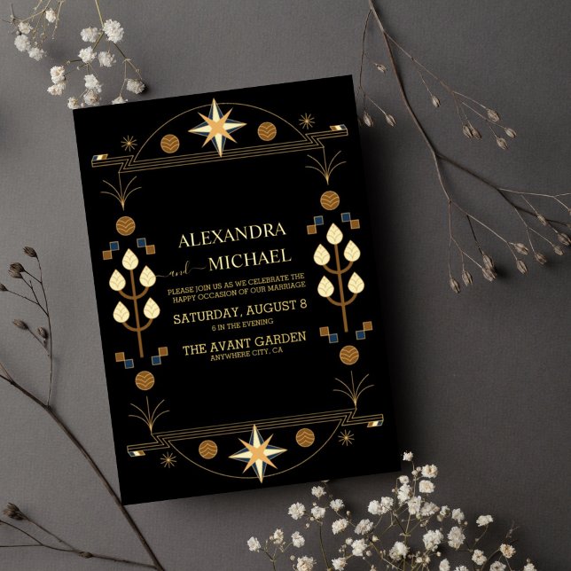 Modern Art Deco Black and Gold Wedding Foil Invitation (Creator Uploaded)