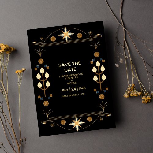Modern Art Deco Black and Gold Wedding Foil Invitation