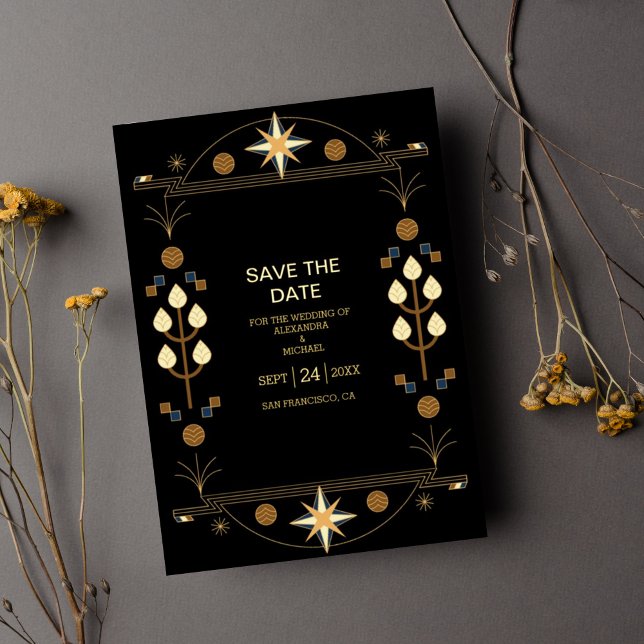 Modern Art Deco Black and Gold Wedding Foil Invitation (Creator Uploaded)