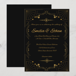 Modern Art Deco Black and Gold Wedding Invitation