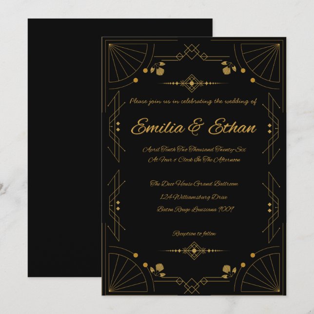 Modern Art Deco Black and Gold Wedding Invitation (Front/Back)
