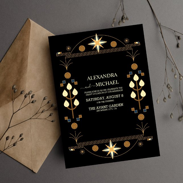 Modern Art Deco Black and Gold Wedding Invitation (Creator Uploaded)