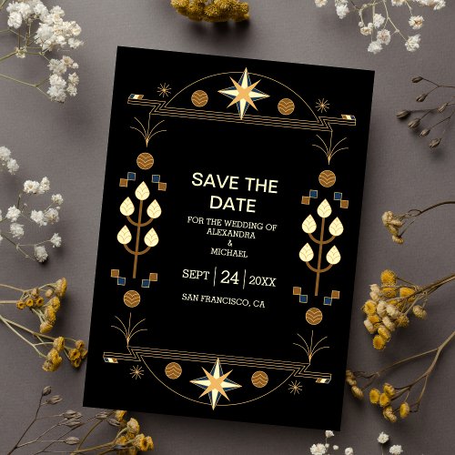 Modern Art Deco Black and Gold Wedding Save The Date