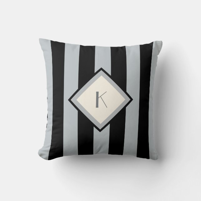 Modern Art Deco Black and Silver Stripes Monogram Throw Pillow (Front)