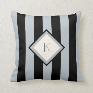 Modern Art Deco Black and Silver Stripes Monogram Throw Pillow