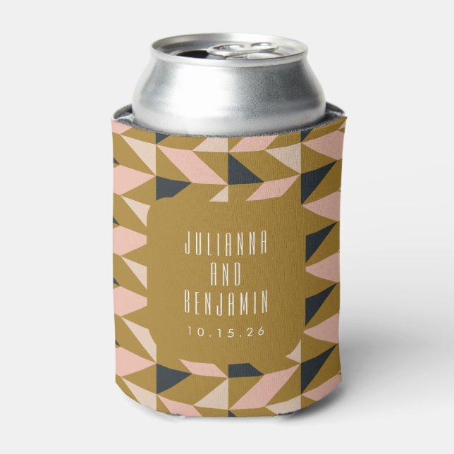 Modern Art Deco Black Blush Gold Wedding Custom Can Cooler (Can Front)