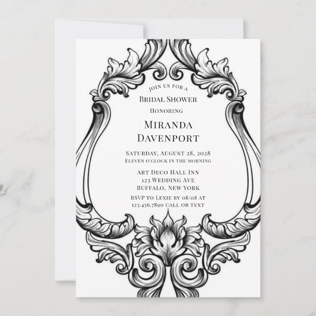 Modern Art Deco Black Foliage Bridal Shower Invitation (Front)