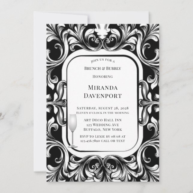 Modern Art Deco Black Foliage Brunch & Bubbly Invitation (Front)