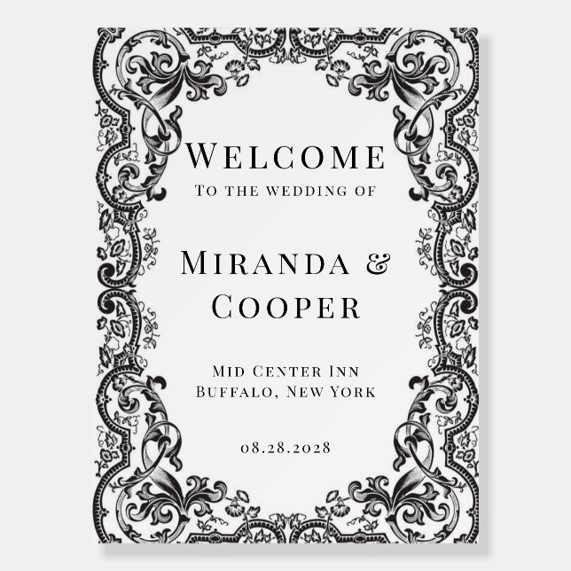 Modern Art Deco Black Foliage Wedding Welcome Sign (Front)