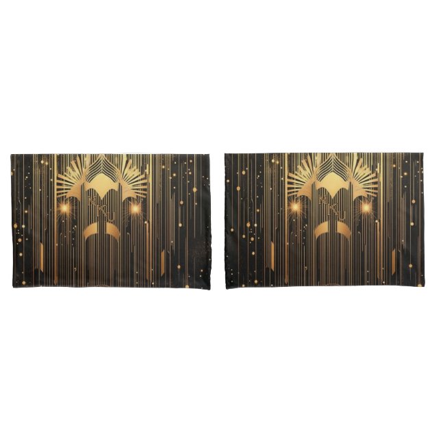 Modern Art Deco Black Gold Egyptian Art-inspired Pillow Case (Front-Set)