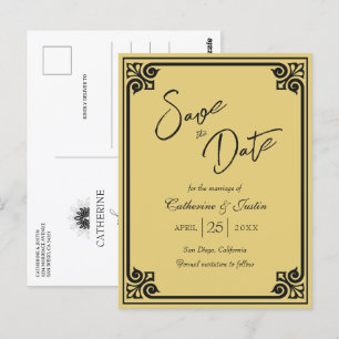Modern Art Deco Black Gold Peacock Save The Date Postcard