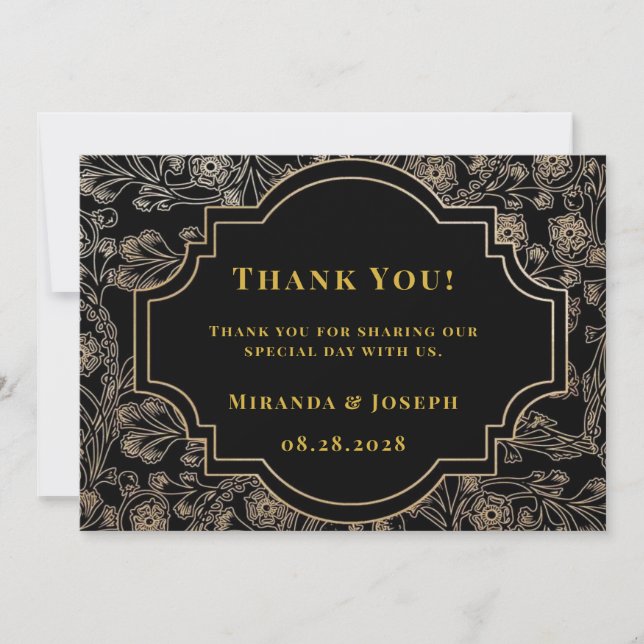Modern Art Deco Black Gold Rose Thank You Cards (Front)