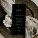 Modern Art Deco Black Wedding Menu / EVERLY Suite<br><div class="desc">This sleek black wedding menu from the Everly Collection features crisp white type,  geometric art deco accents,  and editorial spacing. The simple thin triple-line motifs frame elegant text for a refined,  modern minimalist,  evening-ready look.

This dinner menu can be used for a wedding reception,  rehearsal dinner,  or any event.</div>