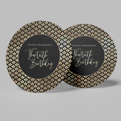 Modern Art Deco Black White  Gold Birthday Party Round Paper Coaster