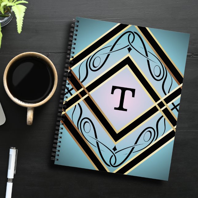 Modern Art Deco Blue Elegant Monogram  Notebook (Creator Uploaded)
