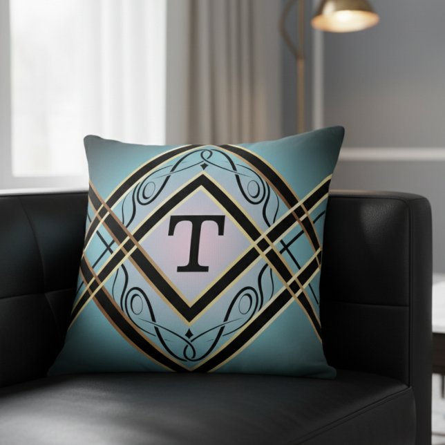 Modern Art Deco Blue Elegant Monogram Throw Pillow (Creator Uploaded)