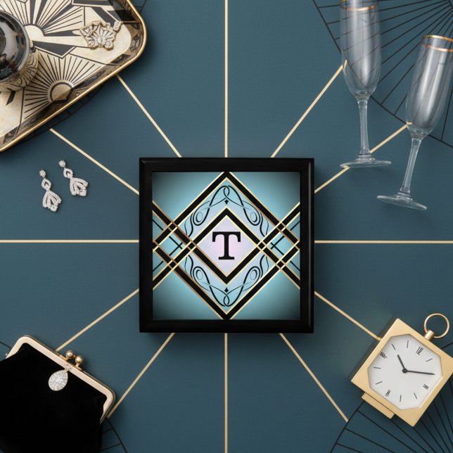 Modern Art Deco Blue Elegant Monogram Throw Pillow Gift Box (Creator Uploaded)