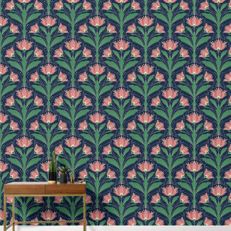 Modern Art Deco Boho Red Floral on Navy Blue Wallpaper