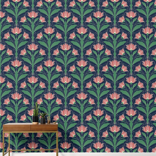 Modern Art Deco Boho Red Floral on Navy Blue Wallpaper (Hallway)