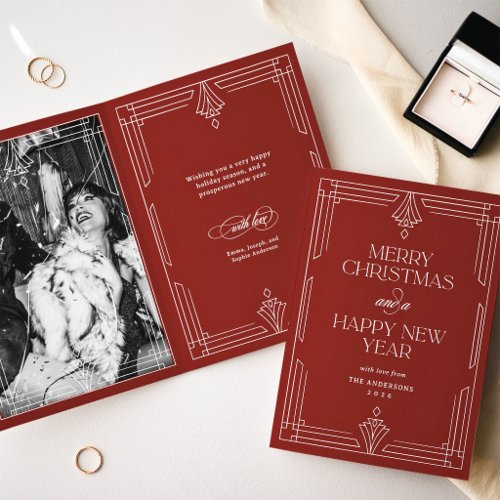 Modern Art Deco Christmas Photo | Elegant Red Holiday Card
