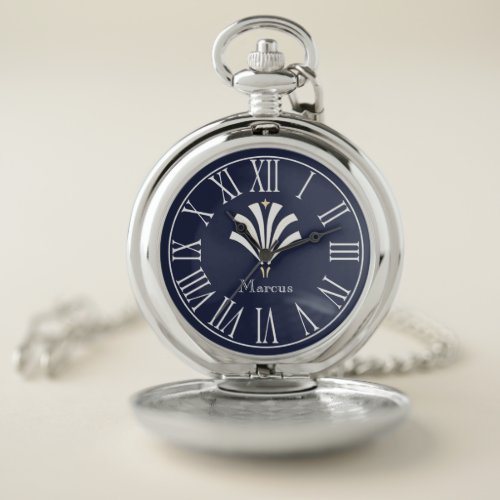 Modern Art Deco Crest  Navy Blue with Custom Name Pocket Watch