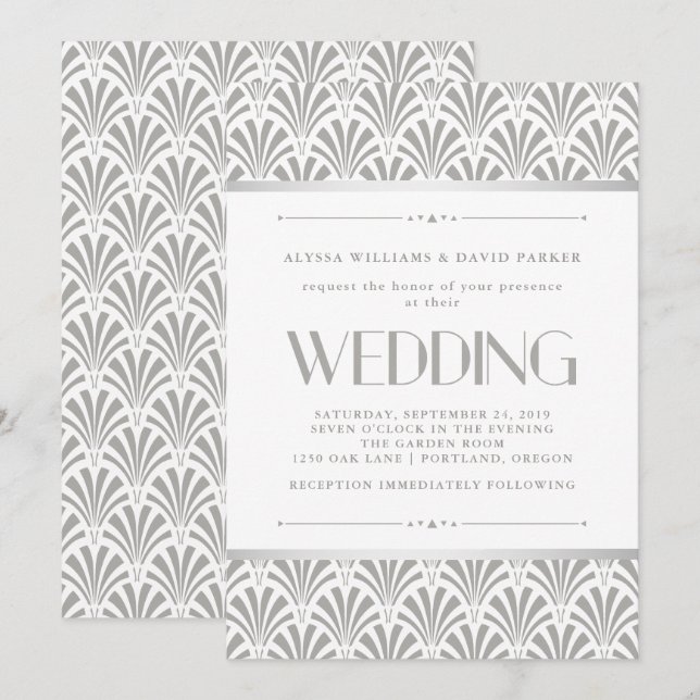 Modern Art Deco | Elegant Gray and White Wedding Invitation (Front/Back)