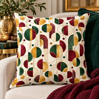 Modern Art Deco Geometric Burgundy, Gold, Green | Throw Pillow
