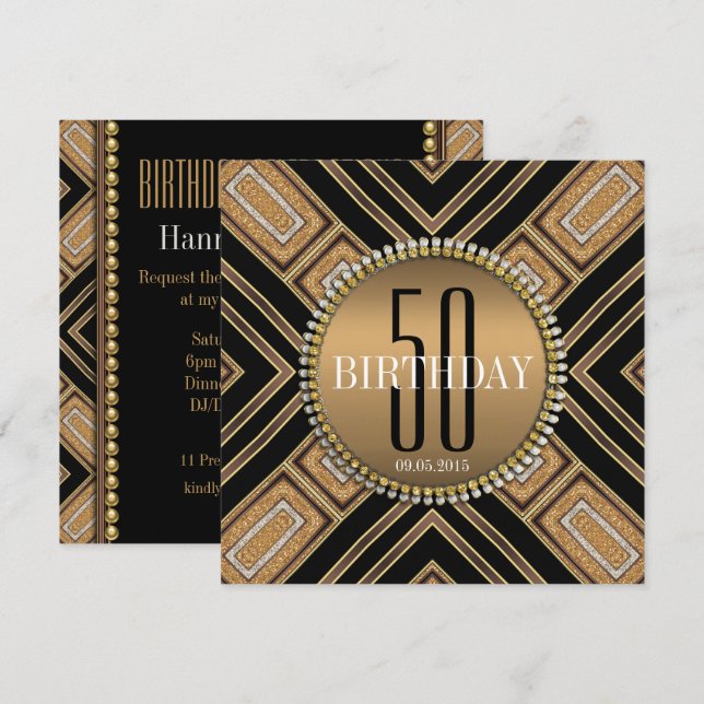 Modern Art Deco Gold 50th Birthday Invitation (Front/Back)