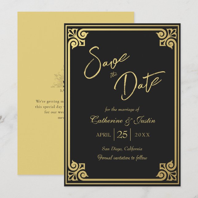 Modern Art Deco Gold Black Peacock Wedding Save The Date (Front/Back)
