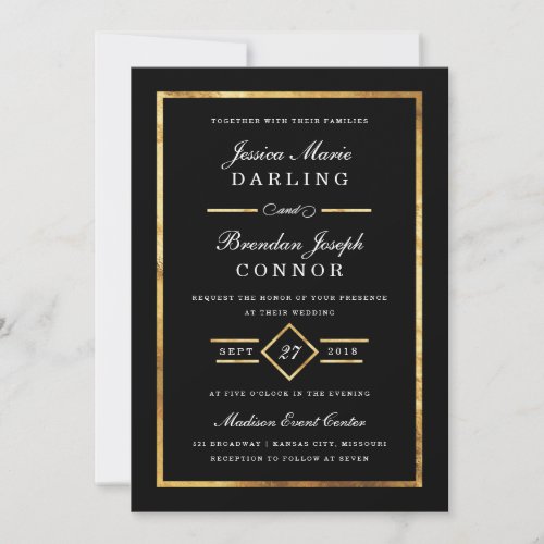 Modern Art Deco Gold  Black Wedding Invitation