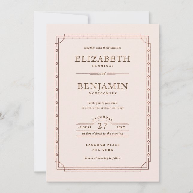 Modern Art Deco Gold Foil Border Blush Wedding Invitation (Front)