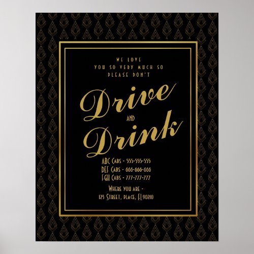 Modern art deco Gold Taxis dont drink and drive Poster