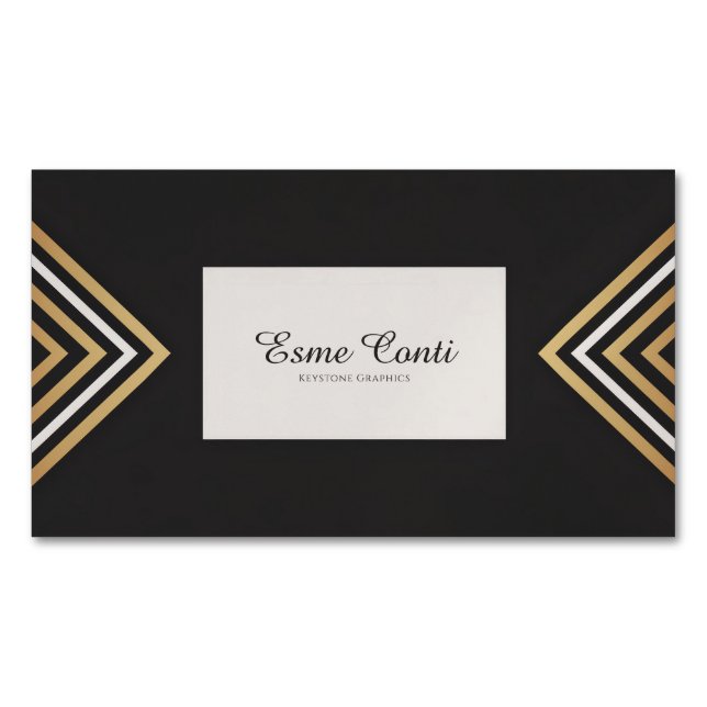 Modern Art Deco Gold White Chevron Black Business Card Magnet (Front)