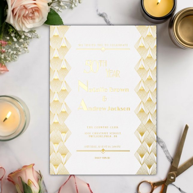 Modern Art Deco Golden 50th Anniversary Party Foil Invitation (Creator Uploaded)