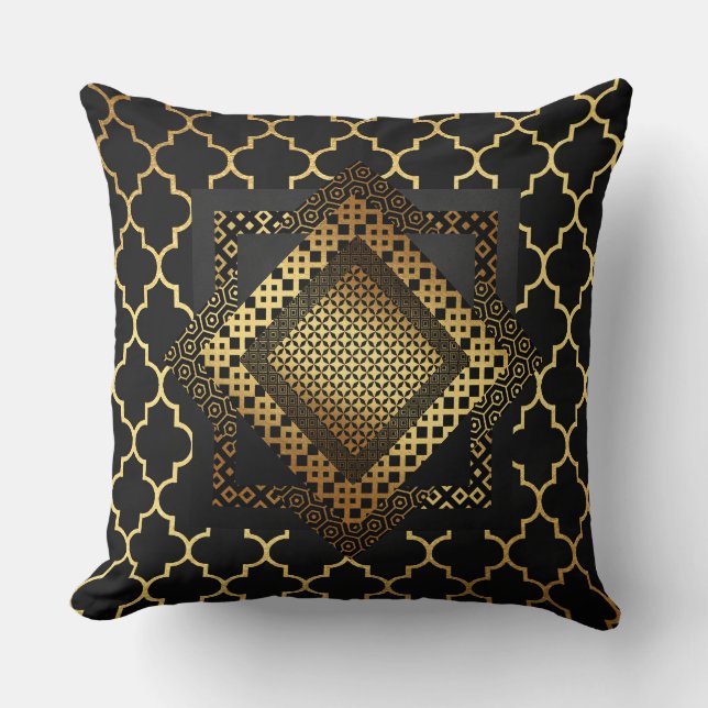 Modern Art Deco Golden Black Gold Geometric Throw Pillow (Front)
