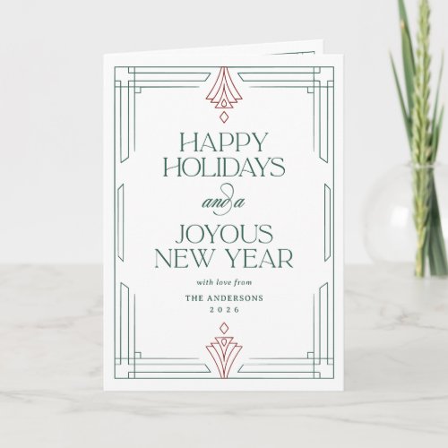 Modern Art Deco Happy Holidays | White Green Photo Holiday Card