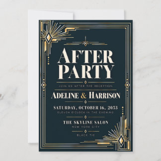 Modern Art Deco Midnight Black Tie Wedding After P Invitation
