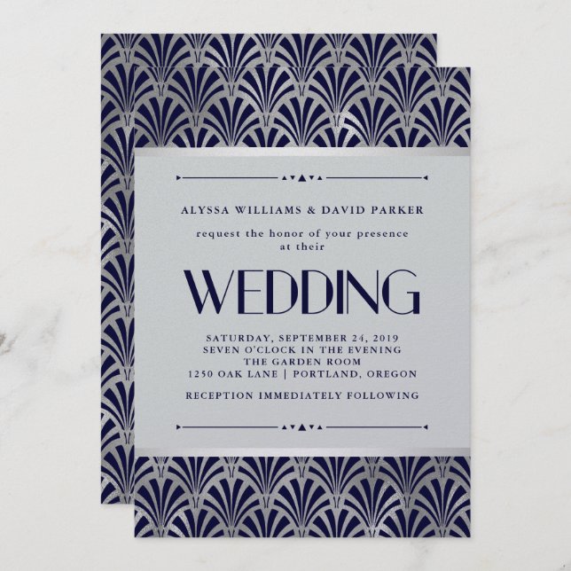 Modern Art Deco | Navy and Faux Silver Wedding Invitation (Front/Back)