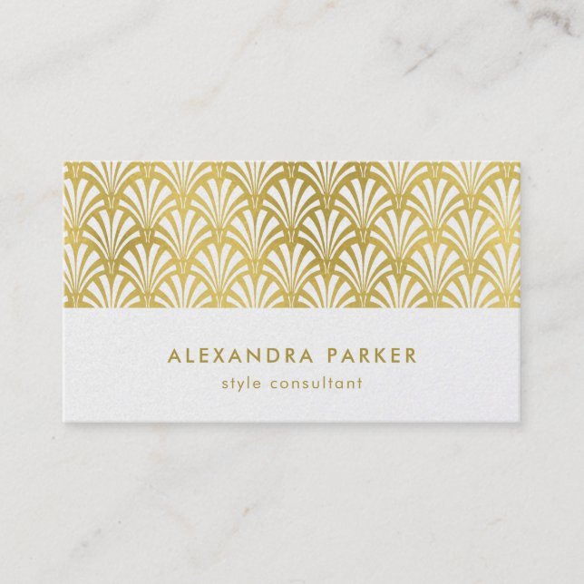 Modern Art Deco Pattern | Faux Gold on White Business Card (Front)