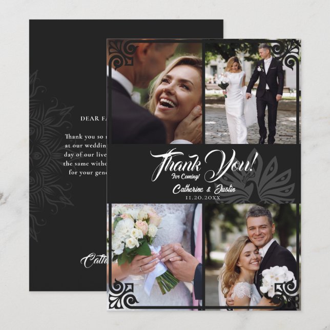 Modern Art Deco Peacock Black 4 Photo Wedding Thank You Card (Front/Back)