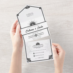 Modern Art Deco Peacock Black and White Wedding All In One Invitation