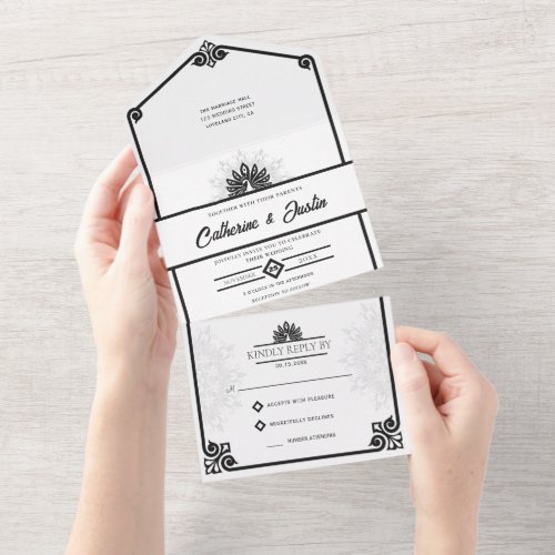 Modern Art Deco Peacock Black and White Wedding All In One Invitation