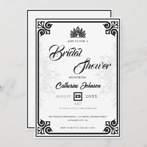 Modern Art Deco Peacock Black White Bridal Shower Invitation