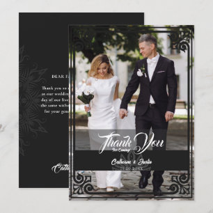 Modern Art Deco Peacock Black White Photo Wedding Thank You Card