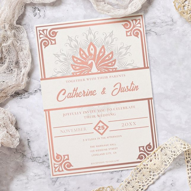 Modern Art Deco Peacock Blush Rose Pink Wedding Invitation (Creator Uploaded)